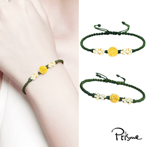 【Prisme Gold】黃金手鍊 玫瑰花 綠色編織手鍊 (金重：約0.04錢±0.02)