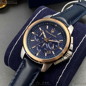 [星晴錶業]MASERATI手錶,44mm,R8871621015寶藍色錶面玫瑰金錶殼寶藍真皮皮革錶帶款