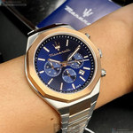 [星晴錶業]MASERATI手錶,46mm,R8873642002寶藍色錶面玫瑰金錶殼金銀相間精鋼錶帶款, , large