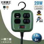 Max star one open two plug PD20W industrial style extension cord/3P 15A 6 feet (military green), , large