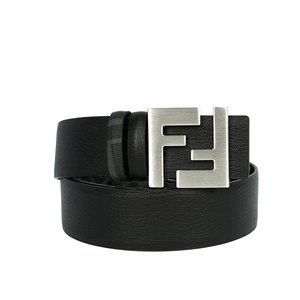 FENDI FF Squared 銀釦帆布及牛皮 85cm 雙面可用皮帶/黑色/黑灰色