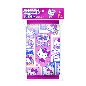 [寶富華]Hello Kitty 手口柔濕巾 10抽×3包 交叉網眼布(不易起毛、擦拭後不留下纖維殘渣) (添加木醣醇、請注意勿使用於犬貓)