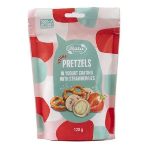 Round Pretzels in yogurt coating with strawberries