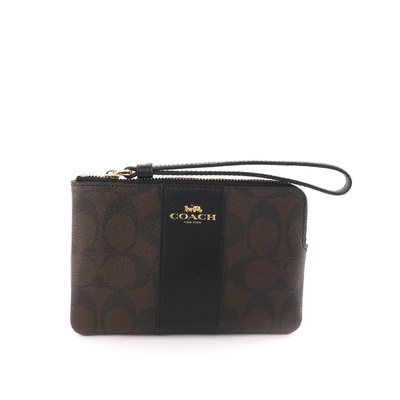 COACH 皮革+PVC LOGO L 型拉鍊手拿包/巧克力色