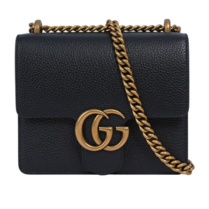 GUCCI Marmont 金色標誌粒紋皮革肩背/斜背二用鍊包/黑色