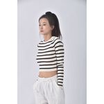 (S) 【安于晴Charlene私服】zara質感修身短版條紋白色長袖上衣二手衣, , large