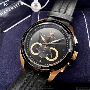 [星晴錶業]MASERATI手錶,46mm,R8871612025黑色錶面黑錶殼深黑色真皮皮革錶帶款