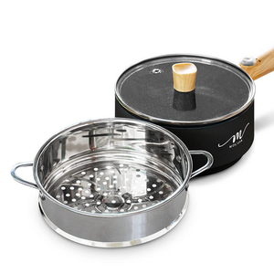 【MOLIJIA 魔力家】1.6L-M18多功能美食料理不沾電火快煮烹飪鍋+M1812不鏽鋼蒸籠-黑木紋