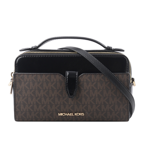Michael Kors 滿版塗層帆布Logo 及漆皮雙拉鍊二用包/咖啡色/黑色