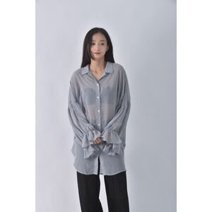 (2XL) lancylancy寬鬆透膚灰綠色襯衫上衣二手衣