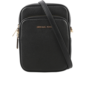 Michael Kors 金字荔枝皮革拉鍊中款直式斜背包/黑色