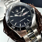 [星晴錶業]MASERATI手錶,44mm,R8823100002黑色錶面黑錶殼銀色精鋼錶帶款, , large