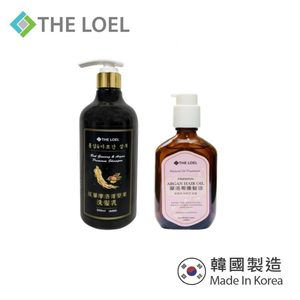 THE LOEL  Eoseongcho & Black Bean Premium Shampoo 500ml / Argan Hair Oil 100ml and push-on head
