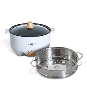 【MOLIJIA】3L-M22 Multifunctional Non-stick Electric Hot Pot + M2209 Stainless Steel Steamer - White Wood Grain