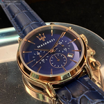 [星晴錶業]MASERATI手錶,42mm,R8871618007寶藍色錶面玫瑰金錶殼寶藍真皮皮革錶帶款, , large