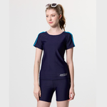 Monina Taiwan-made girls short-sleeved two-piece swimsuit with blue piping on shoulders, dark blue, , large