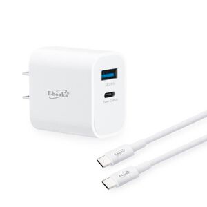 E-BOOKS B78 20W PD+QC3.0快速充電器+60W C to C快充傳輸線組 - 雙孔輸出、環保TPE