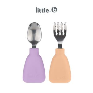 【美國 little.b】316不鏽鋼小寶石湯叉組II-小優雅(紫+橘) 湯匙 叉子 學習餐具 手握訓練 兒童餐具