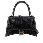 BALENCIAGA Hourglass 金釦壓鱷魚紋牛皮二用沙漏包/小款/黑色, , large