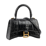 BALENCIAGA Hourglass 金釦壓鱷魚紋牛皮二用沙漏包/XS/黑色, , large