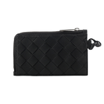 BOTTEGA VENETA L 型銀色拉鍊小牛皮編織附鑰匙釦卡包/零錢包/黑色, , large