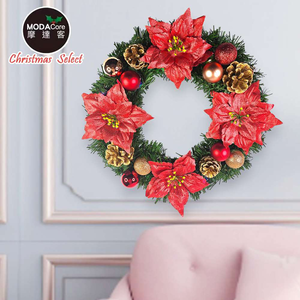 摩達客14吋浪漫朵朵聖誕花豪華綠色聖誕花圈福臨圈_紅金系_台灣工藝免組裝_本島免運費
