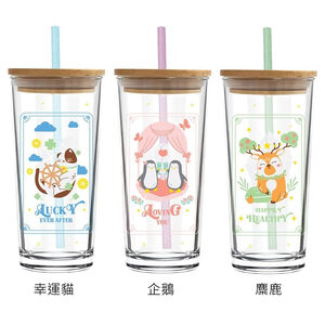 Ocean 刻度玻璃杯 企鵝 麋鹿 幸運貓 三款任選(贈木蓋+吸管)/1入 金益合玻璃器皿