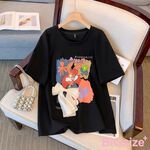 大尺碼-蝴蝶結 印花 圓領T恤-黑-0101146, , large