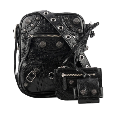 BALENCIAGA Le Cagole 銀釦小羊皮拉鍊方形斜揹包/黑色