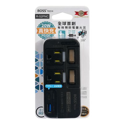 BOSS 2開2插3P高溫斷電 PD+QC20W插座-黑色