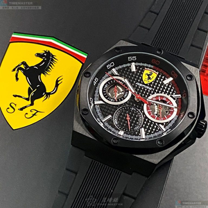 [星晴錶業]FERRARI手錶,42mm,FE00048黑色錶面黑錶殼深黑色矽膠錶帶款