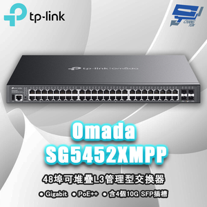 TP-LINK 昌運監視器 Omada SG5452XMPP 48埠可堆疊L3管理型PoE++交換器含4個10G插槽電洽