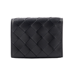 BOTTEGA VENETA 經典小羊皮及小牛皮編織迷你雙釦三折短夾/黑色, , large