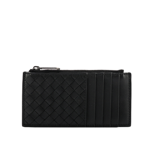 BOTTEGA VENETA 拉鏈小牛皮零錢包名片/卡夾/黑色