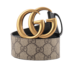 GUCCI 霧金雙G Logo 防水皮革拼牛皮皮帶 80cm/米色/黑色
