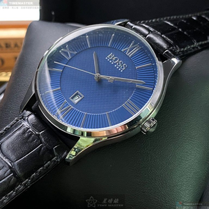 [星晴錶業]BOSS手錶,42mm,HB1513553寶藍色錶面銀錶殼深黑色真皮皮革錶帶款