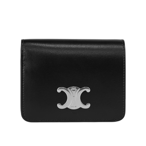 CELINE TRIOMPHE 銀釦小牛皮拉鍊零錢袋二折凱旋門短夾/黑色