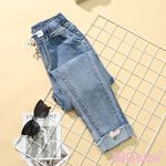 大尺碼-鬆緊褲頭 割破繡花 牛仔褲-淺藍-0103093, , large