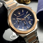 [星晴錶業]MASERATI手錶,46mm,R8873642002寶藍色錶面玫瑰金錶殼金銀相間精鋼錶帶款, , large
