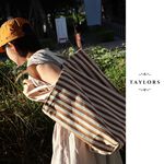 【TAYLORS】韓版 夏日條紋帆布托特包-焦糖 棉布軟包 大容量 帆布袋 手提 肩背包 沙灘袋, , large