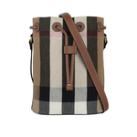 BURBERRY 格紋棉質帆布及牛皮小款束口水桶包/灰褐色/棕色, , large