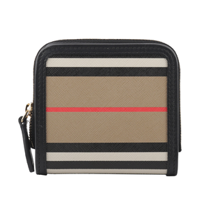 BURBERRY Icon Stripe 經典條紋拉鍊零錢袋暗釦二折短夾/經典米色/黑色