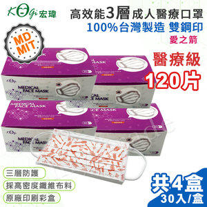 【宏瑋】台灣製 MD+MIT 雙鋼印 高效能三層不織布 醫療級 醫用成人口罩 120入(愛之箭)