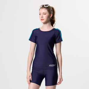 Monina Taiwan-made girls short-sleeved two-piece swimsuit with blue piping on shoulders, dark blue