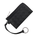 BOTTEGA VENETA L 型銀色拉鍊小牛皮編織附鑰匙釦卡包/零錢包/黑色, , large