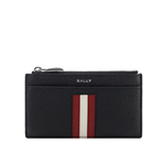 BALLY Ribbon 紅白條紋牛皮拉鍊卡片夾/零錢包/黑色, , large