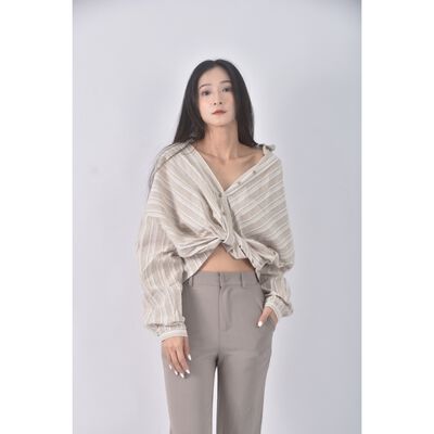 (L) pazzo質感修身短版亞麻棉質條紋杏色長袖上衣二手衣