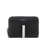 BALLY Ribbon 黑白條紋牛皮ㄇ形拉鍊卡包/零錢包/黑色, , large