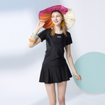 Monina Taiwan-made short-sleeved skirt and pants two-piece swimsuit pure black, , large