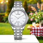 CITIZEN 星辰 光動能大三針時尚女錶 送禮-銀x白/34mm EM0411-71A, , large
